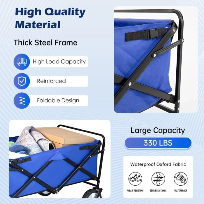 39''L Collapsible Wagon Cart Heavy Duty Utility Folding Wagon for Outdoor Sports 330 LBS Weight Capacity Camping Garden and Shop - Image 3