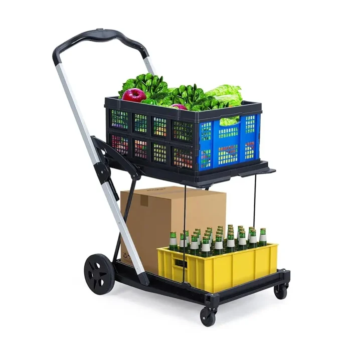 Collapsible Shopping Cart, Foldable Grocery Cart With Wheels And Removable Storage Crate, 2-Tier Portable Utility Cart For