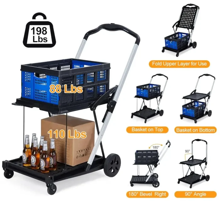 Collapsible Shopping Cart, Foldable Grocery Cart With Wheels And Removable Storage Crate, 2-Tier Portable Utility Cart For - Image 3