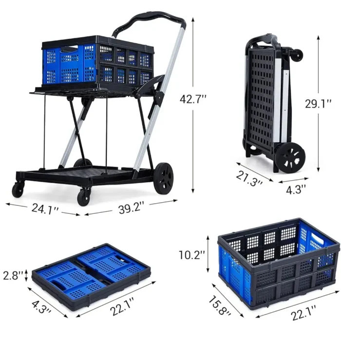 Collapsible Shopping Cart, Foldable Grocery Cart With Wheels And Removable Storage Crate, 2-Tier Portable Utility Cart For - Image 2