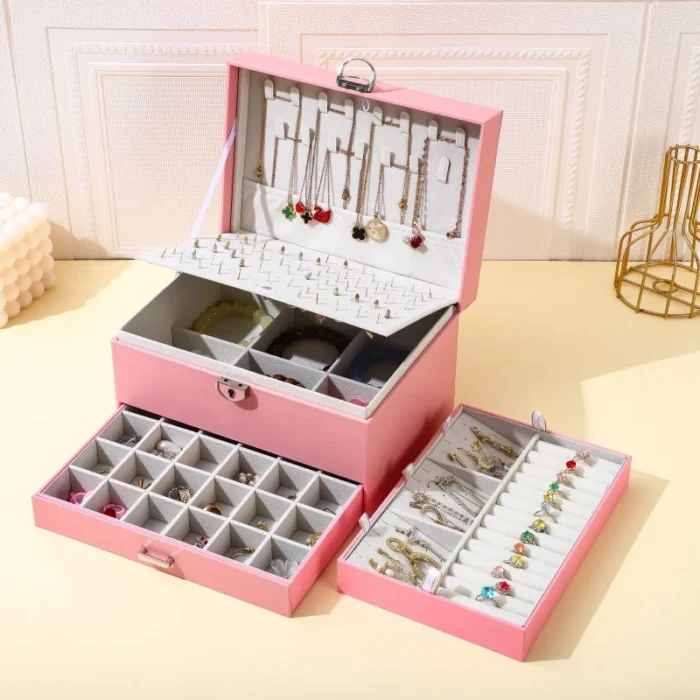 Zipper Jewelry Display For Case Leather Organizer Box Large Storage For Earring Necklace Ring Bracelet Travel Accessories