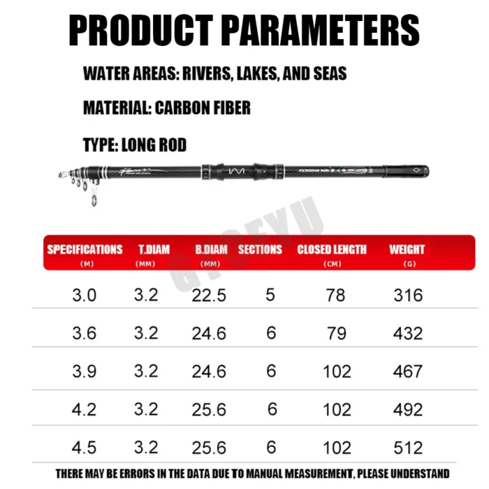 3.0M-4.5M Telescopic Fishing Rod Carbon Portable Spinning Fishing Pole for Boat Saltwater Freshwater Surfcasting Baitcasting Rod - Image 7