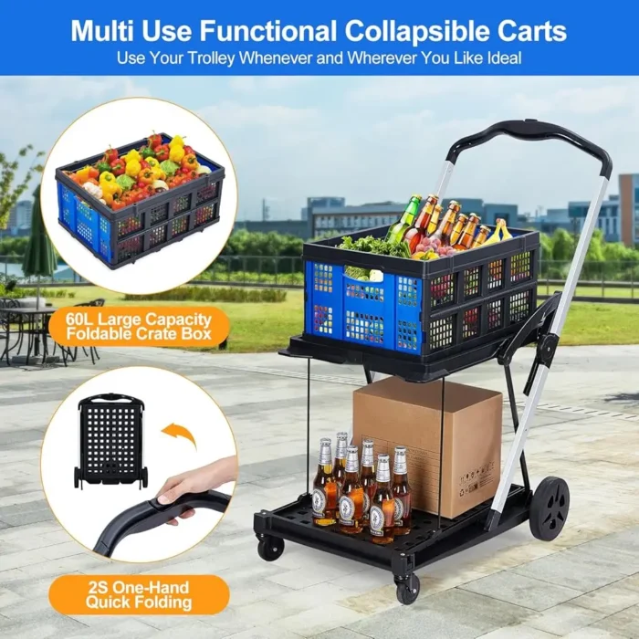 Collapsible Shopping Cart, Foldable Grocery Cart With Wheels And Removable Storage Crate, 2-Tier Portable Utility Cart For - Image 4