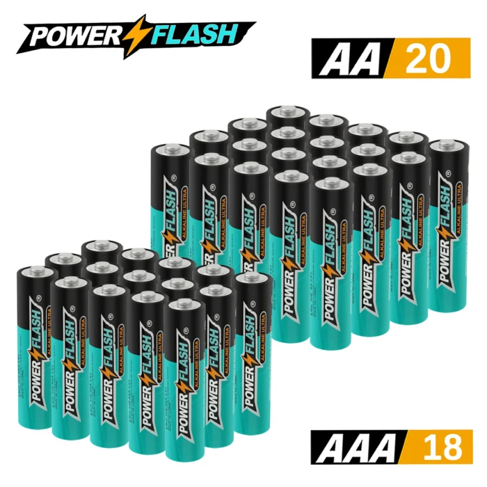 Powerflash Aaa18 Aa20Pack Batteries Power, Leak-Resistant Design, 15-Year Freshness Guarantee, Alkaline Premium Batteries
